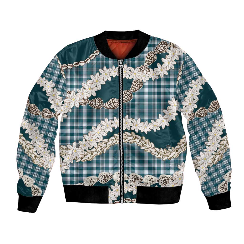 Dark Cyan Hawaii Tiare and Shell Lei Bomber Jacket Hawaiian Palaka Luxury Vibes - Polynesian Pride