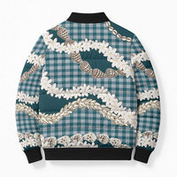 Dark Cyan Hawaii Tiare and Shell Lei Bomber Puffer Jacket Hawaiian Palaka Luxury Vibes - Polynesian Pride