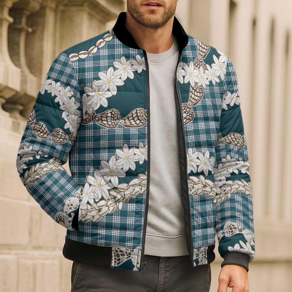 Dark Cyan Hawaii Tiare and Shell Lei Bomber Puffer Jacket Hawaiian Palaka Luxury Vibes - Polynesian Pride