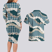 Dark Cyan Hawaii Tiare and Shell Lei Couples Matching Long Sleeve Bodycon Dress and Hawaiian Shirt Hawaiian Palaka Luxury Vibes - Polynesian Pride
