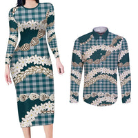 Dark Cyan Hawaii Tiare and Shell Lei Couples Matching Long Sleeve Bodycon Dress and Long Sleeve Button Shirt Hawaiian Palaka Luxury Vibes - Polynesian Pride