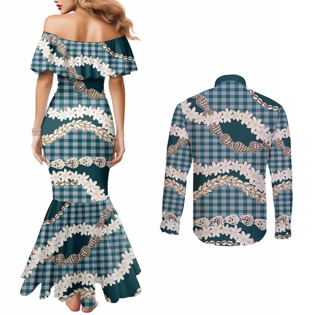 Dark Cyan Hawaii Tiare and Shell Lei Couples Matching Mermaid Dress and Long Sleeve Button Shirt Hawaiian Palaka Luxury Vibes - Polynesian Pride