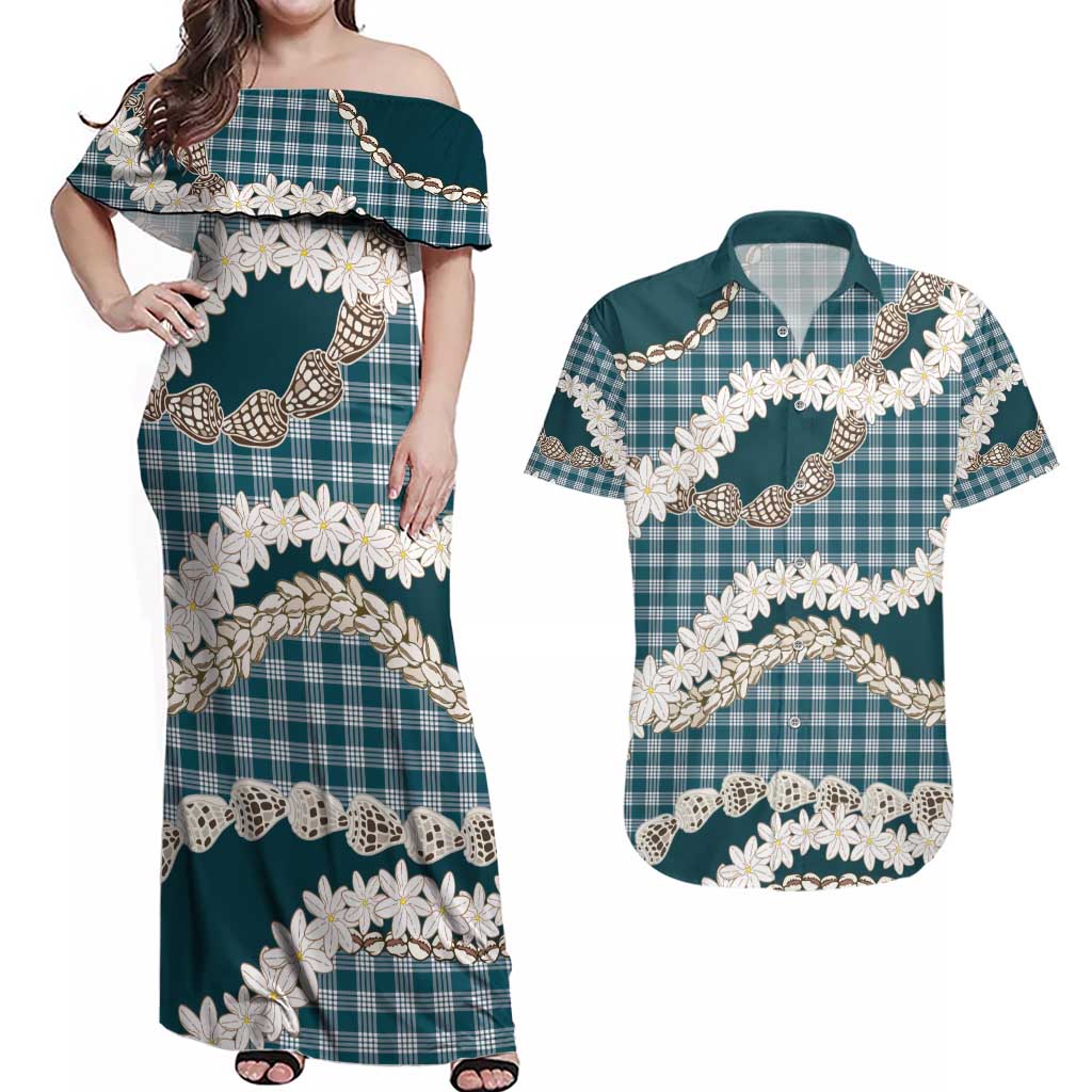 Dark Cyan Hawaii Tiare and Shell Lei Couples Matching Off Shoulder Maxi Dress and Hawaiian Shirt Hawaiian Palaka Luxury Vibes - Polynesian Pride