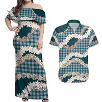 Dark Cyan Hawaii Tiare and Shell Lei Couples Matching Off Shoulder Maxi Dress and Hawaiian Shirt Hawaiian Palaka Luxury Vibes - Polynesian Pride