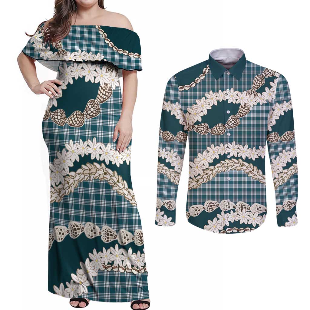 Dark Cyan Hawaii Tiare and Shell Lei Couples Matching Off Shoulder Maxi Dress and Long Sleeve Button Shirt Hawaiian Palaka Luxury Vibes - Polynesian Pride