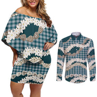 Dark Cyan Hawaii Tiare and Shell Lei Couples Matching Off Shoulder Short Dress and Long Sleeve Button Shirt Hawaiian Palaka Luxury Vibes - Polynesian Pride