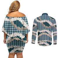 Dark Cyan Hawaii Tiare and Shell Lei Couples Matching Off Shoulder Short Dress and Long Sleeve Button Shirt Hawaiian Palaka Luxury Vibes - Polynesian Pride
