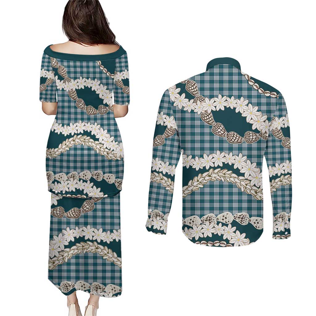 Dark Cyan Hawaii Tiare and Shell Lei Couples Matching Puletasi and Long Sleeve Button Shirt Hawaiian Palaka Luxury Vibes - Polynesian Pride