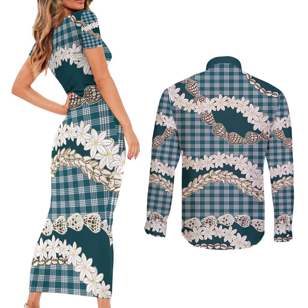 Dark Cyan Hawaii Tiare and Shell Lei Couples Matching Short Sleeve Bodycon Dress and Long Sleeve Button Shirt Hawaiian Palaka Luxury Vibes - Polynesian Pride