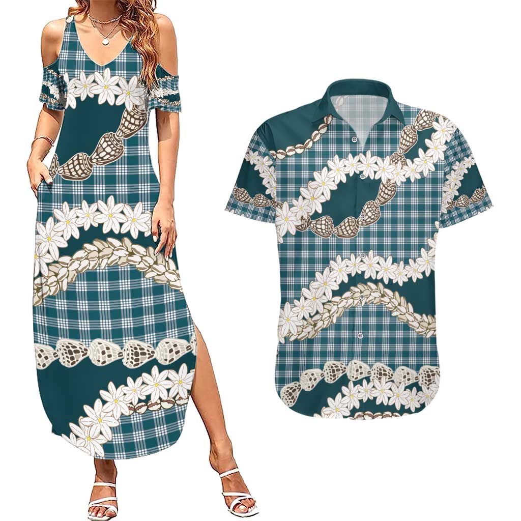 Dark Cyan Hawaii Tiare and Shell Lei Couples Matching Summer Maxi Dress and Hawaiian Shirt Hawaiian Palaka Luxury Vibes - Polynesian Pride