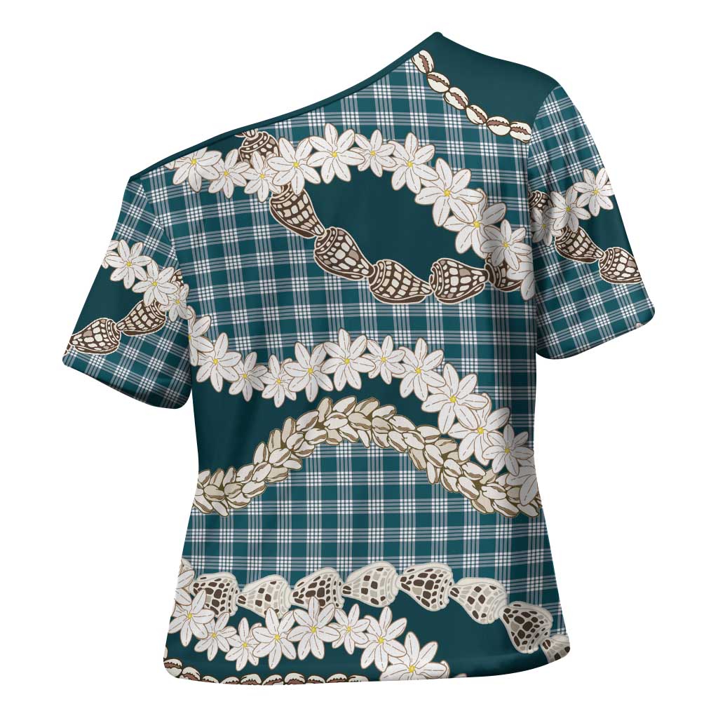 Dark Cyan Hawaii Tiare and Shell Lei Cross Shoulder Shirt Hawaiian Palaka Luxury Vibes - Polynesian Pride