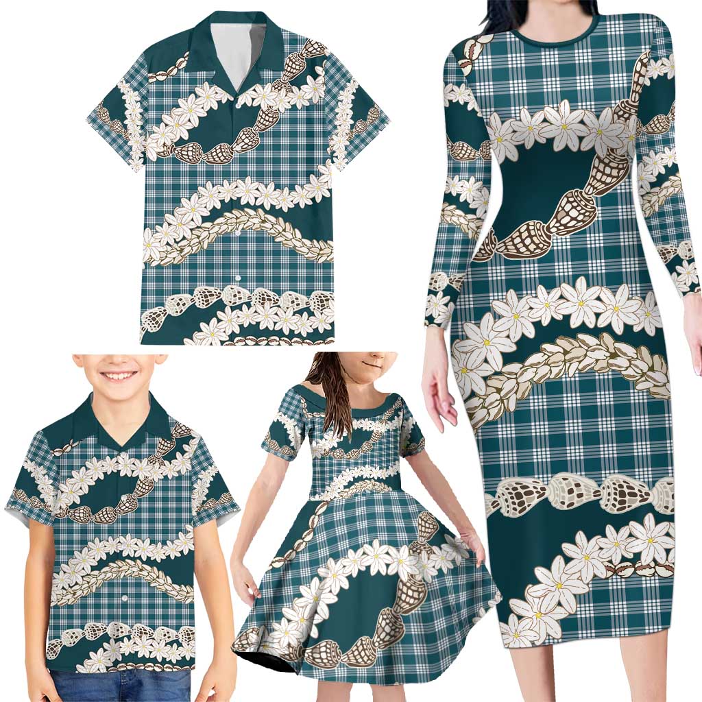 Dark Cyan Hawaii Tiare and Shell Lei Family Matching Long Sleeve Bodycon Dress and Hawaiian Shirt Hawaiian Palaka Luxury Vibes - Polynesian Pride