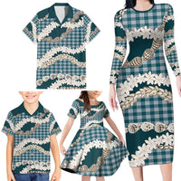 Dark Cyan Hawaii Tiare and Shell Lei Family Matching Long Sleeve Bodycon Dress and Hawaiian Shirt Hawaiian Palaka Luxury Vibes - Polynesian Pride