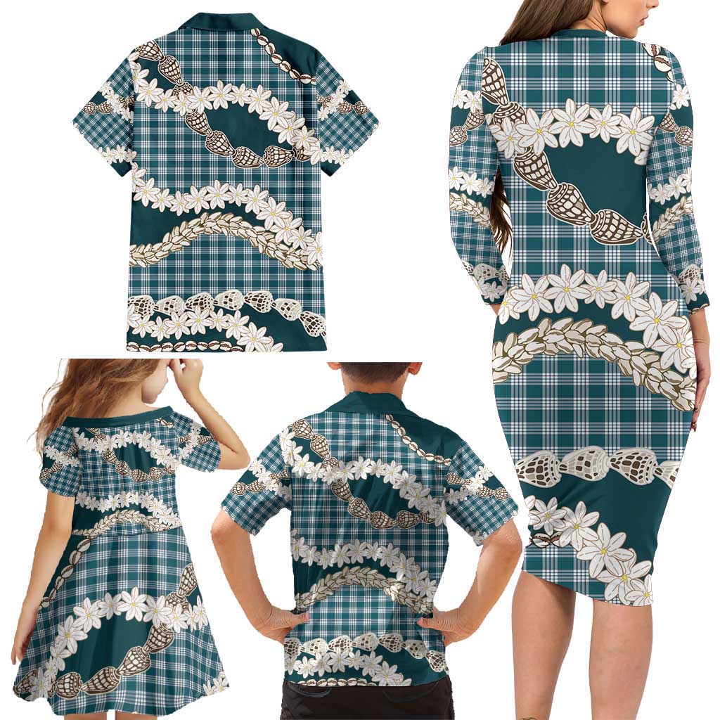 Dark Cyan Hawaii Tiare and Shell Lei Family Matching Long Sleeve Bodycon Dress and Hawaiian Shirt Hawaiian Palaka Luxury Vibes - Polynesian Pride