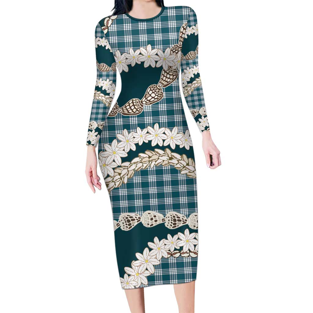 Dark Cyan Hawaii Tiare and Shell Lei Family Matching Long Sleeve Bodycon Dress and Hawaiian Shirt Hawaiian Palaka Luxury Vibes - Polynesian Pride