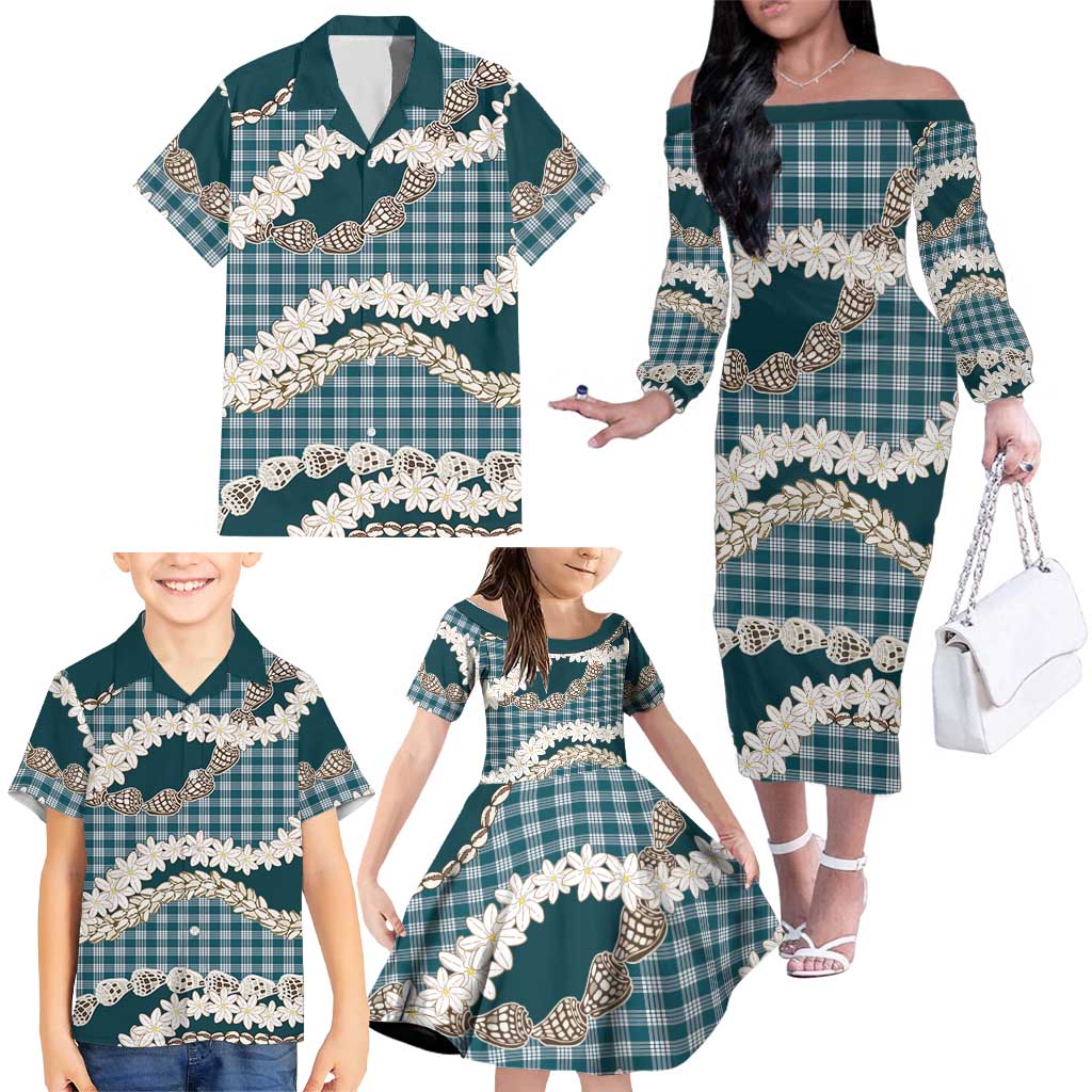 Dark Cyan Hawaii Tiare and Shell Lei Family Matching Off The Shoulder Long Sleeve Dress and Hawaiian Shirt Hawaiian Palaka Luxury Vibes LT14 - Polynesian Pride