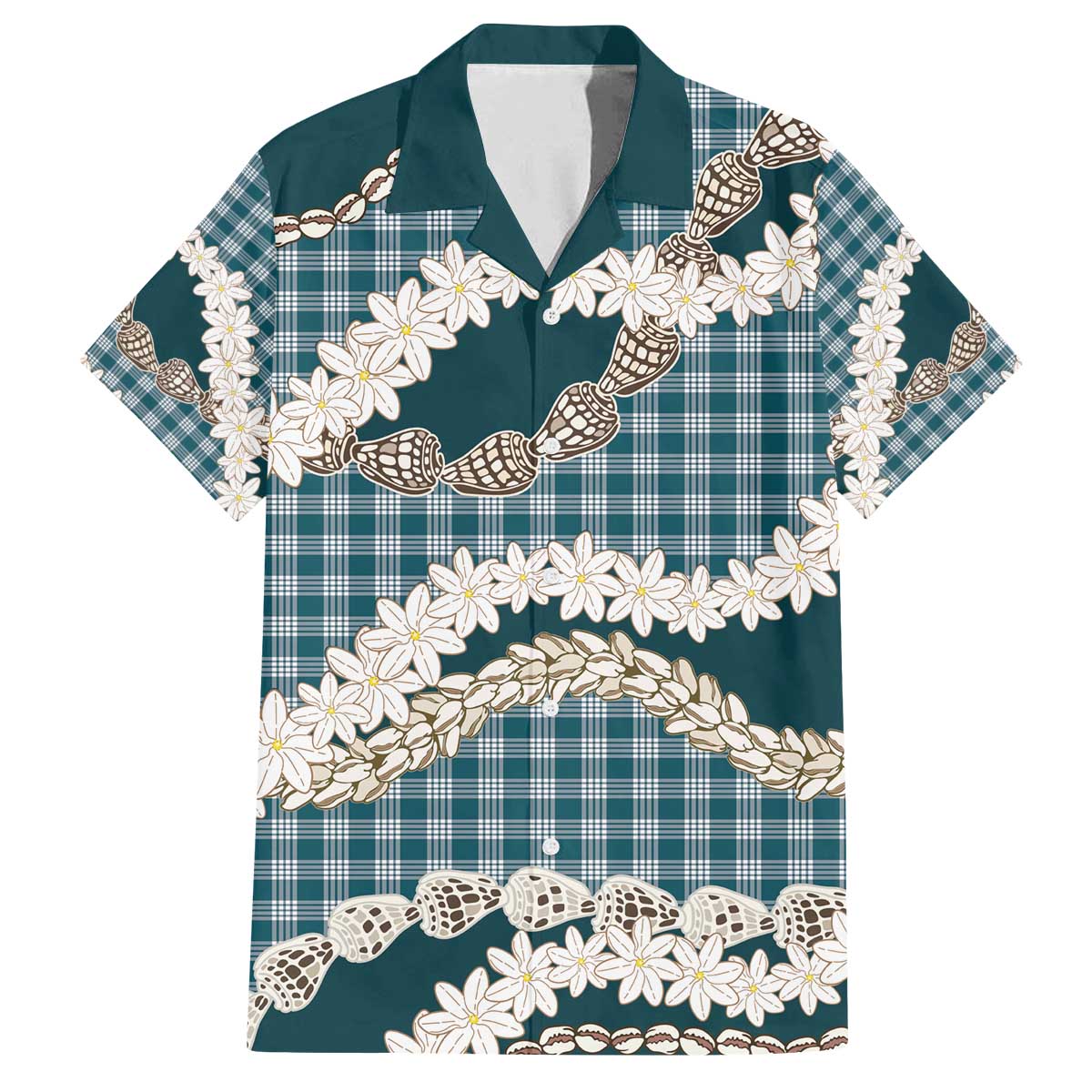 Dark Cyan Hawaii Tiare and Shell Lei Family Matching Off The Shoulder Long Sleeve Dress and Hawaiian Shirt Hawaiian Palaka Luxury Vibes - Polynesian Pride