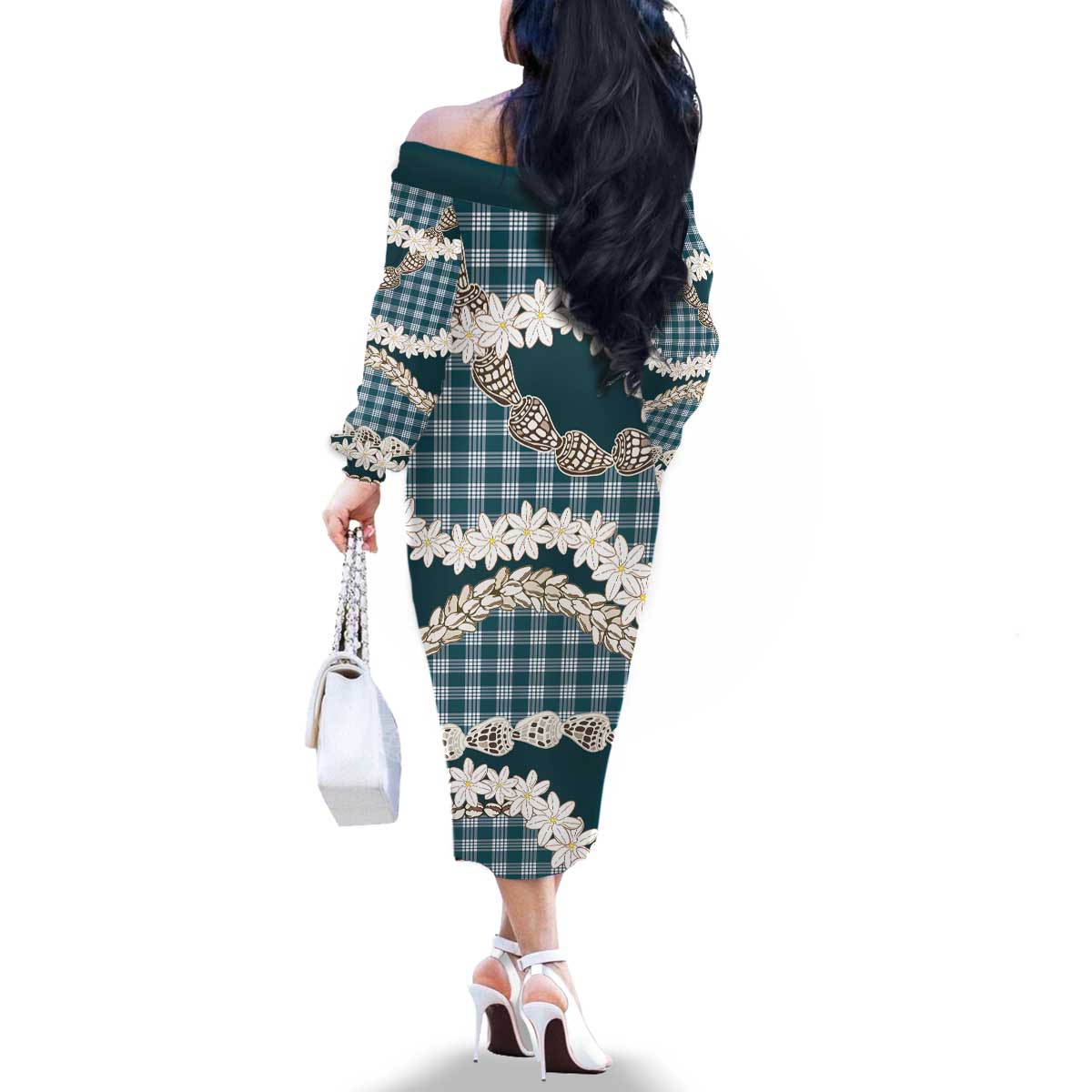 Dark Cyan Hawaii Tiare and Shell Lei Family Matching Off The Shoulder Long Sleeve Dress and Hawaiian Shirt Hawaiian Palaka Luxury Vibes - Polynesian Pride