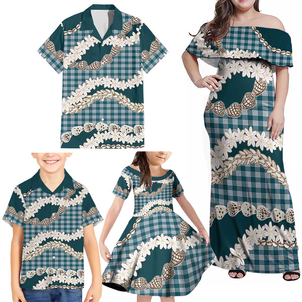 Dark Cyan Hawaii Tiare and Shell Lei Family Matching Off Shoulder Maxi Dress and Hawaiian Shirt Hawaiian Palaka Luxury Vibes LT14 - Polynesian Pride
