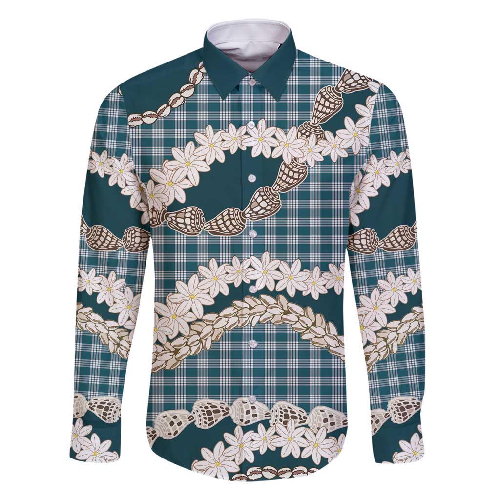 Dark Cyan Hawaii Tiare and Shell Lei Family Matching Off Shoulder Maxi Dress and Hawaiian Shirt Hawaiian Palaka Luxury Vibes - Polynesian Pride