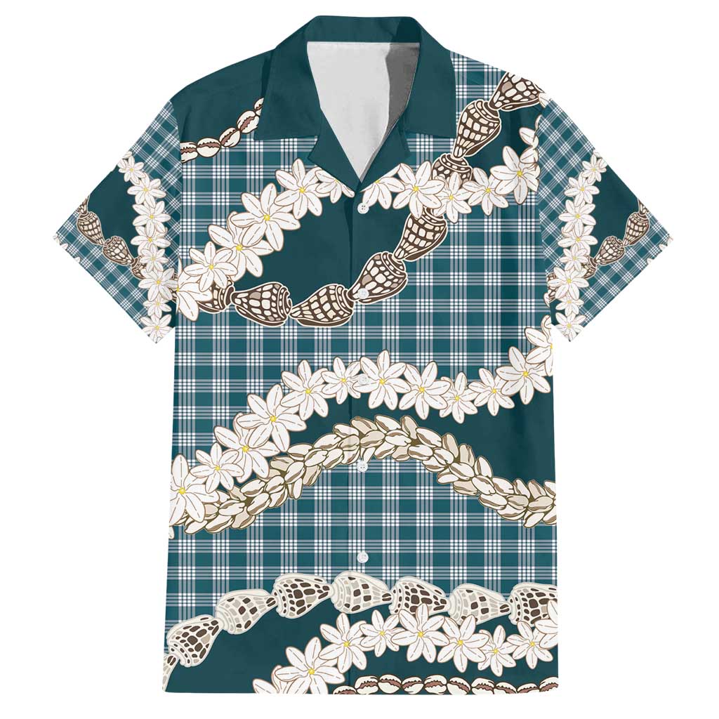 Dark Cyan Hawaii Tiare and Shell Lei Family Matching Off Shoulder Short Dress and Hawaiian Shirt Hawaiian Palaka Luxury Vibes - Polynesian Pride