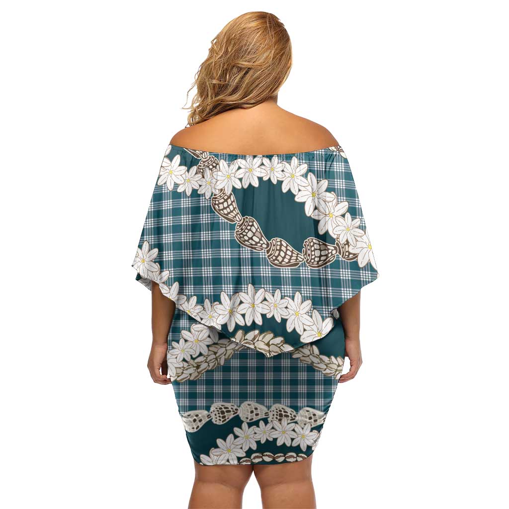 Dark Cyan Hawaii Tiare and Shell Lei Family Matching Off Shoulder Short Dress and Hawaiian Shirt Hawaiian Palaka Luxury Vibes - Polynesian Pride