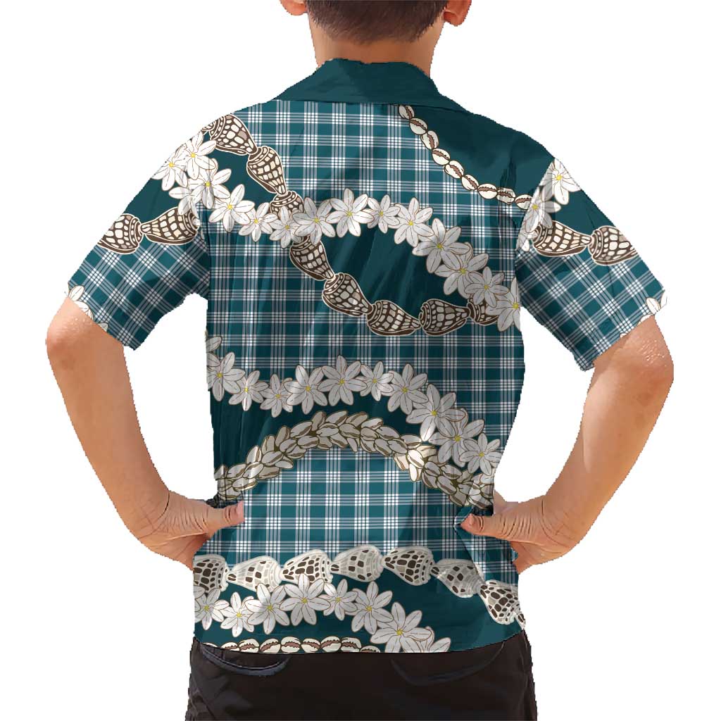 Dark Cyan Hawaii Tiare and Shell Lei Family Matching Puletasi and Hawaiian Shirt Hawaiian Palaka Luxury Vibes LT14 - Polynesian Pride