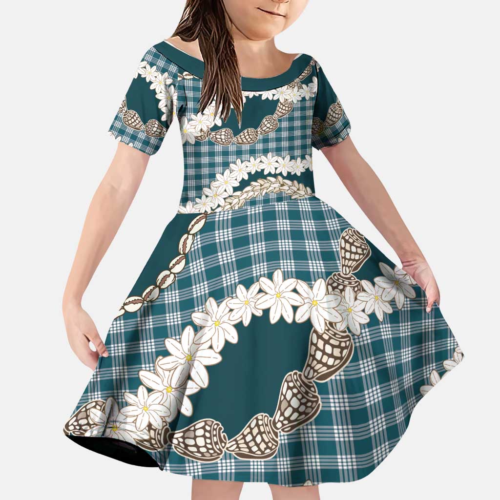 Dark Cyan Hawaii Tiare and Shell Lei Family Matching Puletasi and Hawaiian Shirt Hawaiian Palaka Luxury Vibes LT14 Daughter's Dress Dark Cyan - Polynesian Pride