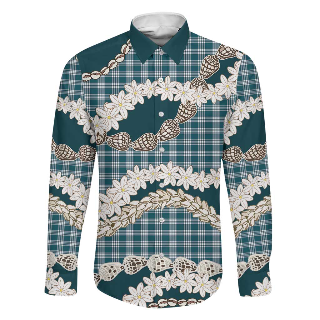 Dark Cyan Hawaii Tiare and Shell Lei Family Matching Puletasi and Hawaiian Shirt Hawaiian Palaka Luxury Vibes LT14 Dad's Shirt - Long Sleeve Dark Cyan - Polynesian Pride