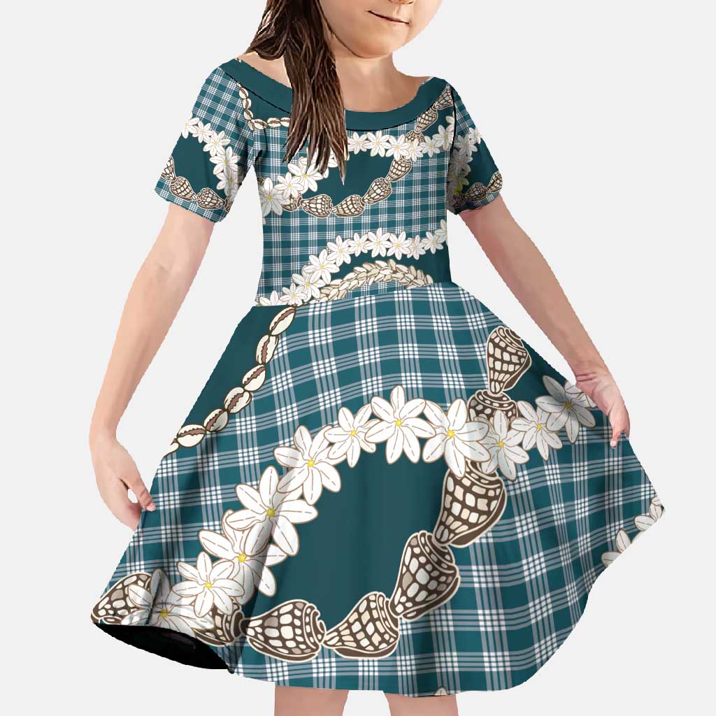 Dark Cyan Hawaii Tiare and Shell Lei Family Matching Short Sleeve Bodycon Dress and Hawaiian Shirt Hawaiian Palaka Luxury Vibes - Polynesian Pride