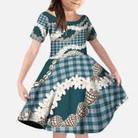 Dark Cyan Hawaii Tiare and Shell Lei Family Matching Short Sleeve Bodycon Dress and Hawaiian Shirt Hawaiian Palaka Luxury Vibes - Polynesian Pride