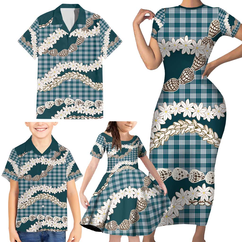 Dark Cyan Hawaii Tiare and Shell Lei Family Matching Short Sleeve Bodycon Dress and Hawaiian Shirt Hawaiian Palaka Luxury Vibes - Polynesian Pride