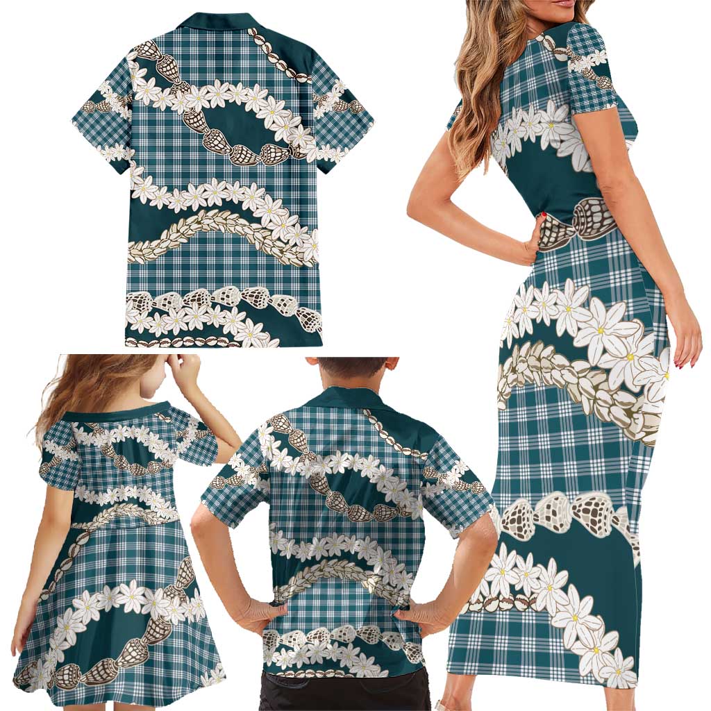 Dark Cyan Hawaii Tiare and Shell Lei Family Matching Short Sleeve Bodycon Dress and Hawaiian Shirt Hawaiian Palaka Luxury Vibes - Polynesian Pride
