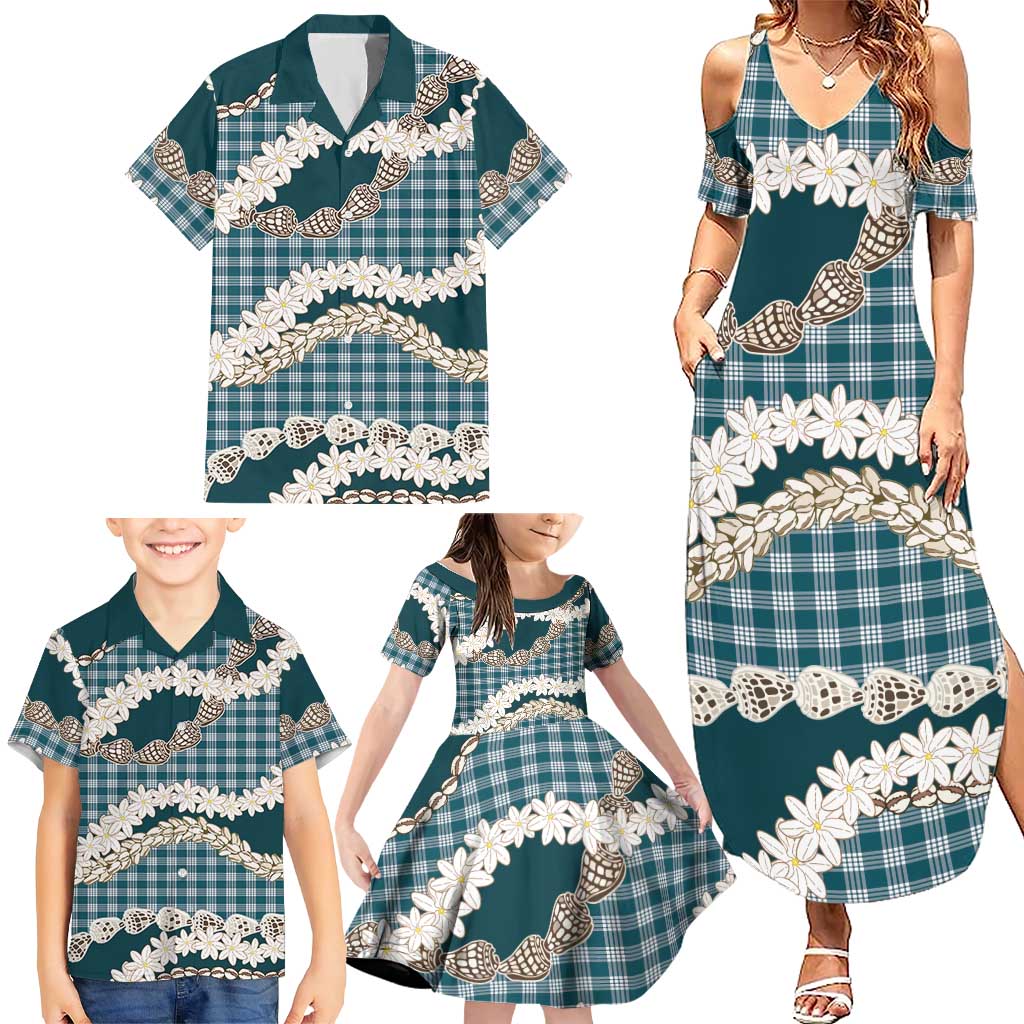 Dark Cyan Hawaii Tiare and Shell Lei Family Matching Summer Maxi Dress and Hawaiian Shirt Hawaiian Palaka Luxury Vibes LT14 - Polynesian Pride