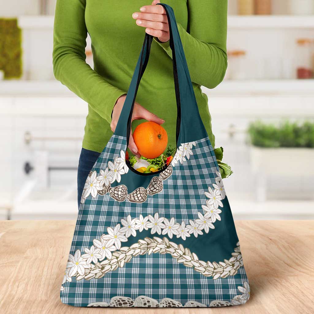 Dark Cyan Hawaii Tiare and Shell Lei Grocery Bag Hawaiian Palaka Luxury Vibes - Polynesian Pride