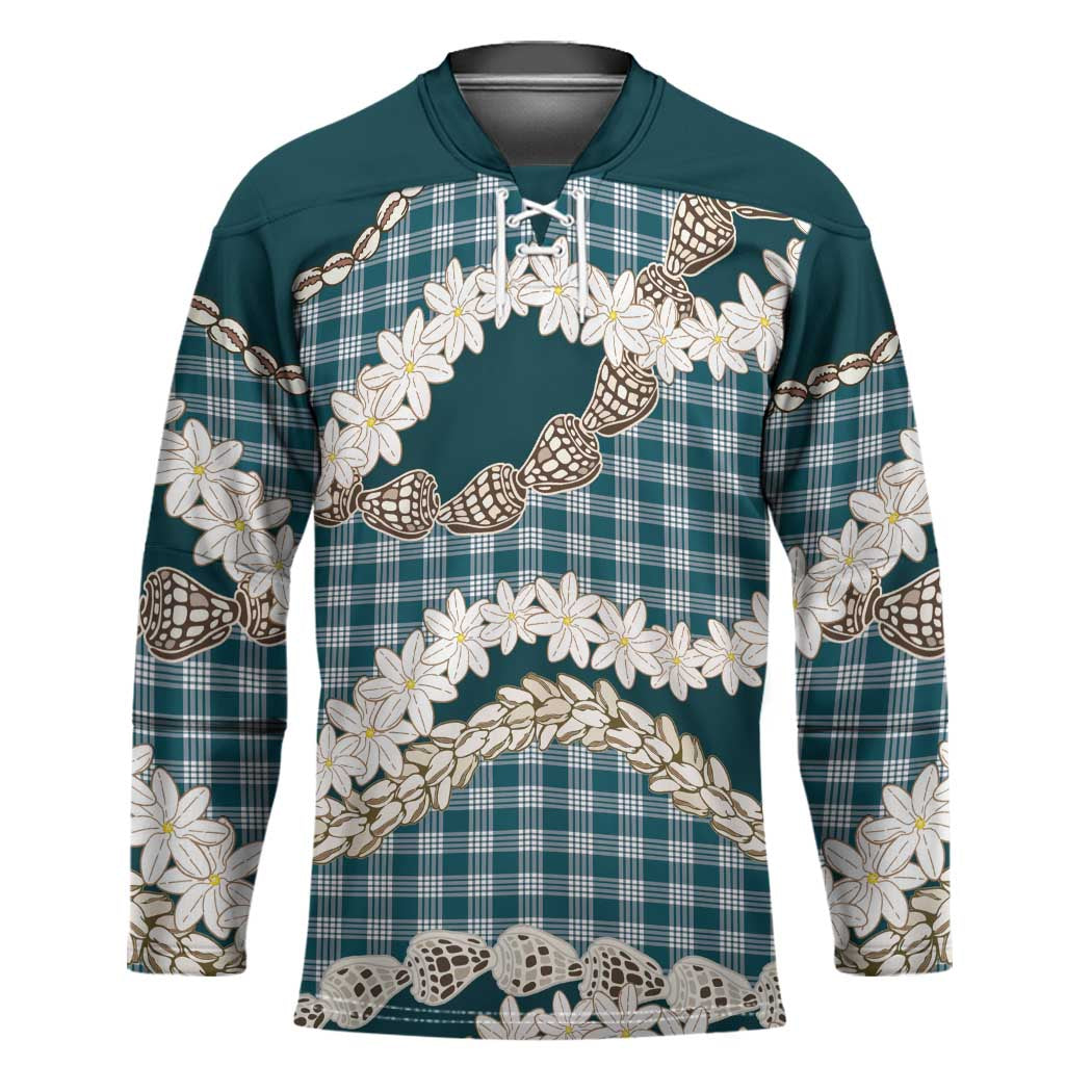 Dark Cyan Hawaii Tiare and Shell Lei Hockey Jersey Hawaiian Palaka Luxury Vibes - Polynesian Pride