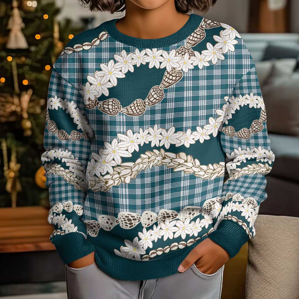 Dark Cyan Hawaii Tiare and Shell Lei Kid Ugly Christmas Sweater Hawaiian Palaka Luxury Vibes - Polynesian Pride