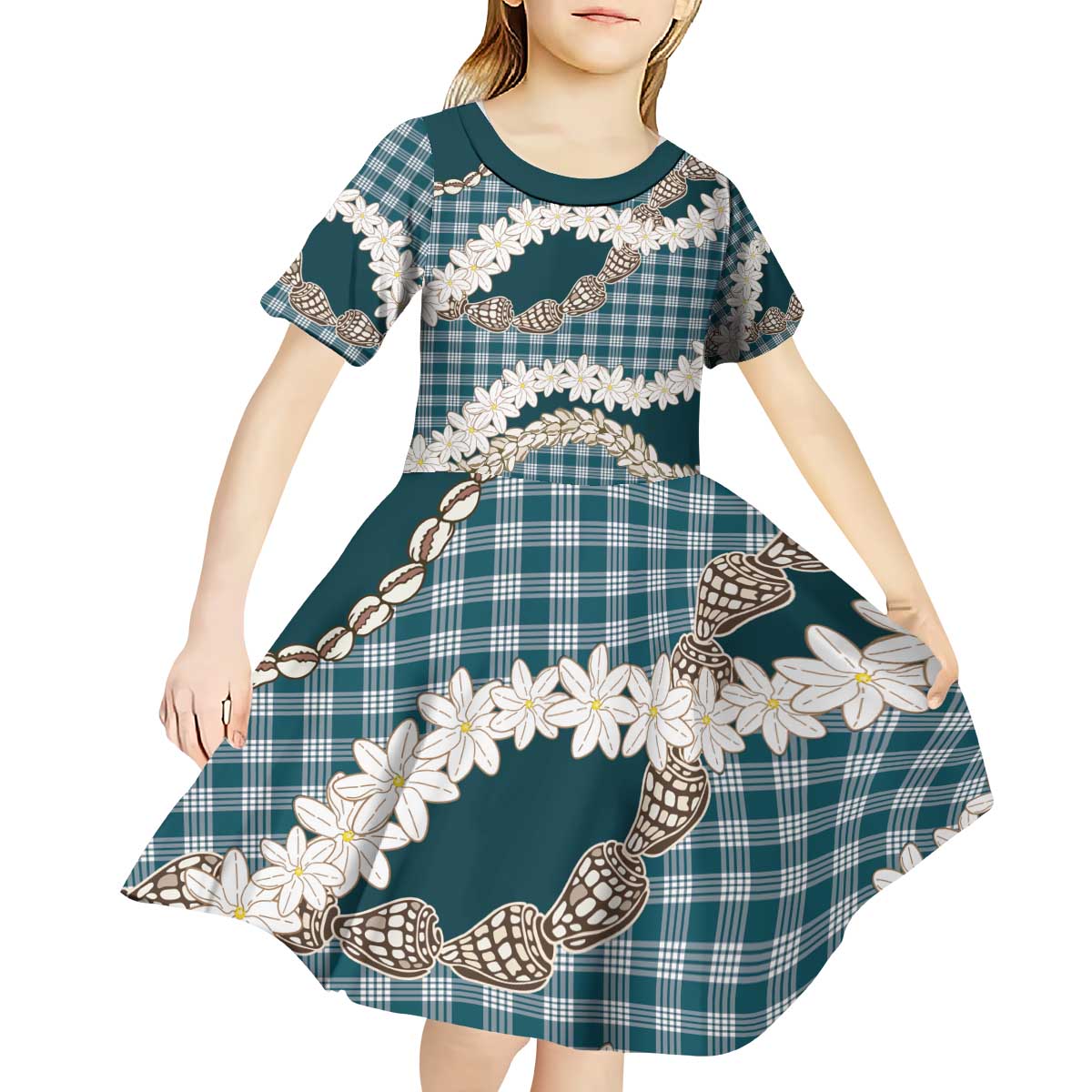 Dark Cyan Hawaii Tiare and Shell Lei Kid Short Sleeve Dress Hawaiian Palaka Luxury Vibes - Polynesian Pride