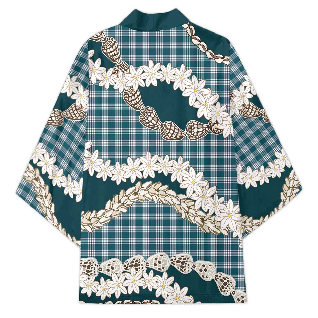 Dark Cyan Hawaii Tiare and Shell Lei Kimono Hawaiian Palaka Luxury Vibes - Polynesian Pride