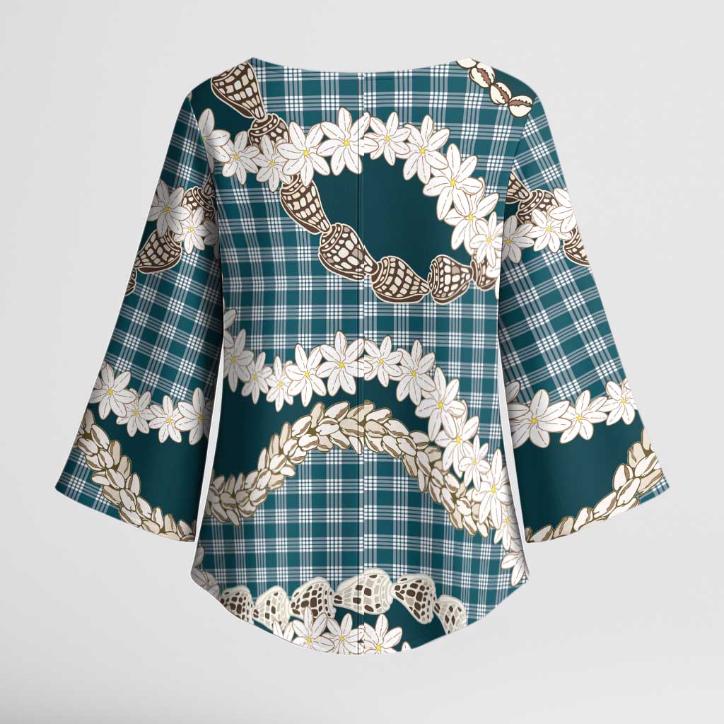 Dark Cyan Hawaii Tiare and Shell Lei Kimono Sleeve Blouse Hawaiian Palaka Luxury Vibes - Polynesian Pride