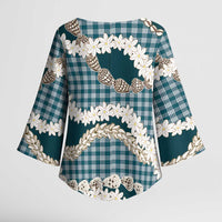 Dark Cyan Hawaii Tiare and Shell Lei Kimono Sleeve Blouse Hawaiian Palaka Luxury Vibes - Polynesian Pride