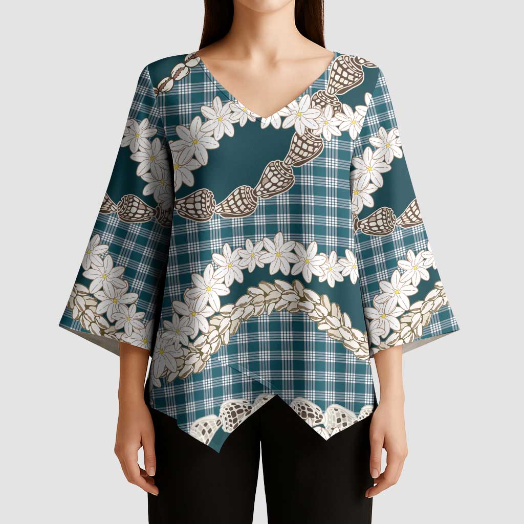 Dark Cyan Hawaii Tiare and Shell Lei Kimono Sleeve Blouse Hawaiian Palaka Luxury Vibes - Polynesian Pride