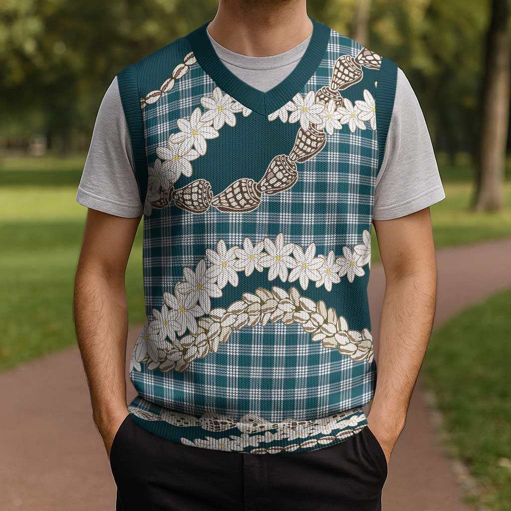 Dark Cyan Hawaii Tiare and Shell Lei Christmas Knitted V-Neck Vest Hawaiian Palaka Luxury Vibes - Polynesian Pride