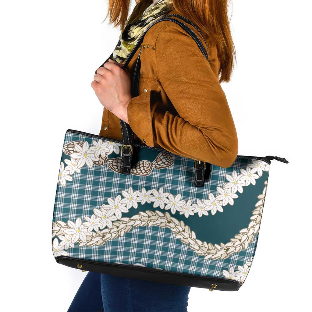 Dark Cyan Hawaii Tiare and Shell Lei Leather Tote Bag Hawaiian Palaka Luxury Vibes - Polynesian Pride