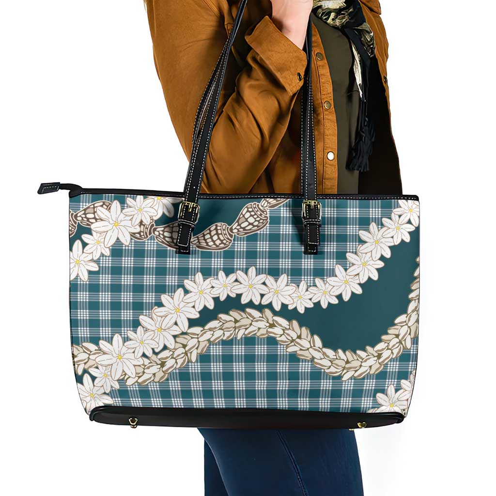 Dark Cyan Hawaii Tiare and Shell Lei Leather Tote Bag Hawaiian Palaka Luxury Vibes - Polynesian Pride