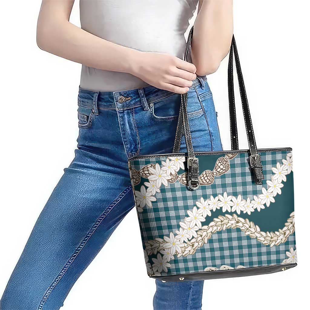 Dark Cyan Hawaii Tiare and Shell Lei Leather Tote Bag Hawaiian Palaka Luxury Vibes - Polynesian Pride