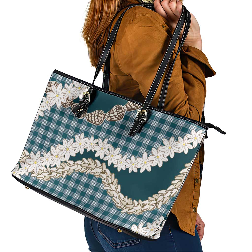 Dark Cyan Hawaii Tiare and Shell Lei Leather Tote Bag Hawaiian Palaka Luxury Vibes - Polynesian Pride