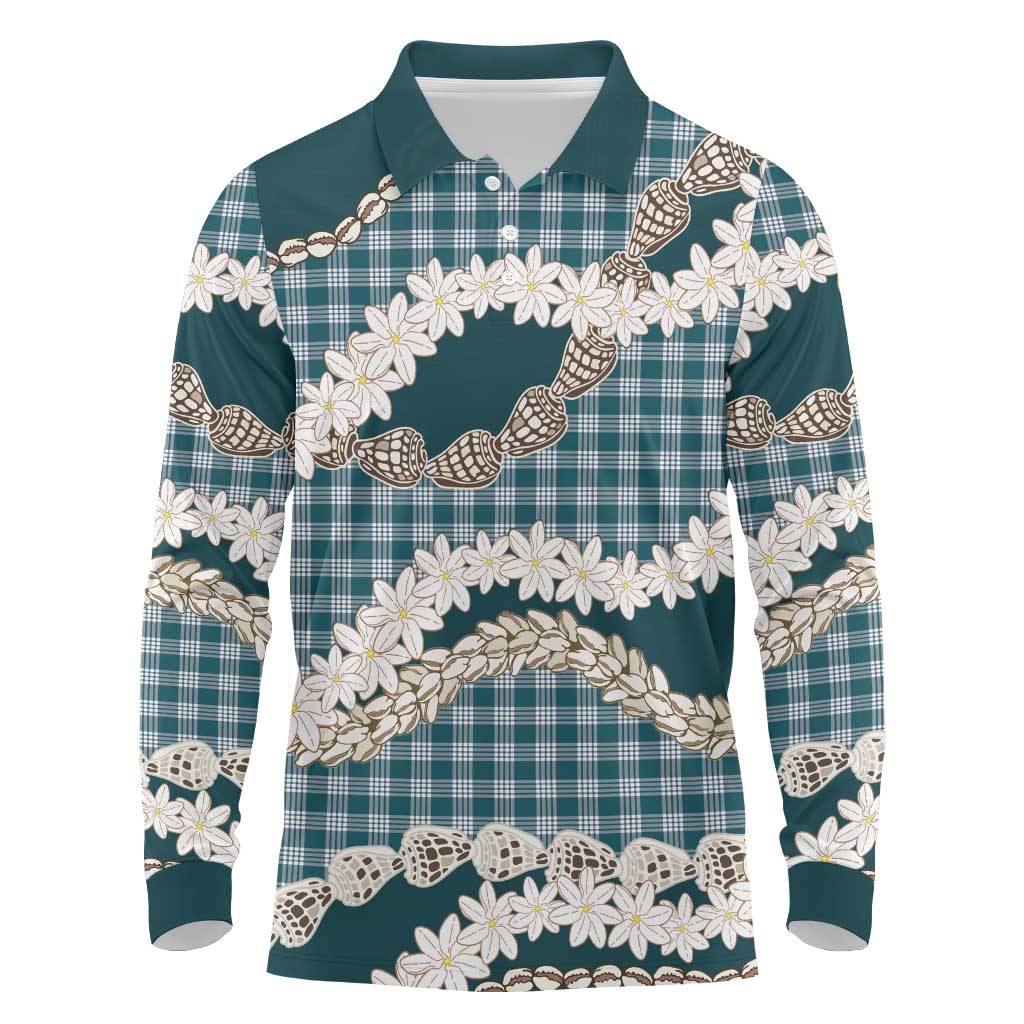 Dark Cyan Hawaii Tiare and Shell Lei Long Sleeve Polo Shirt Hawaiian Palaka Luxury Vibes - Polynesian Pride