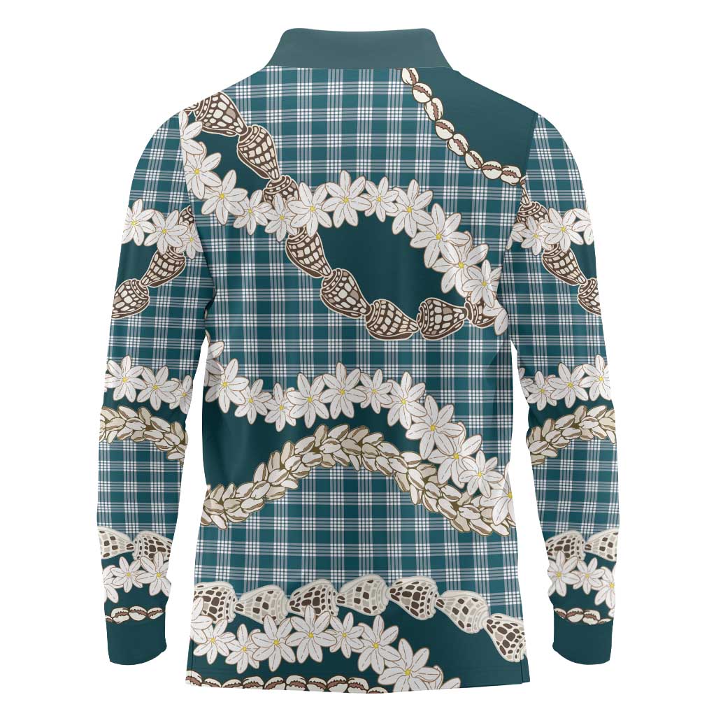 Dark Cyan Hawaii Tiare and Shell Lei Long Sleeve Polo Shirt Hawaiian Palaka Luxury Vibes - Polynesian Pride