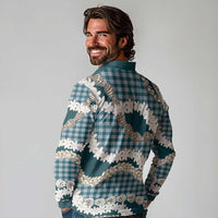 Dark Cyan Hawaii Tiare and Shell Lei Long Sleeve Polo Shirt Hawaiian Palaka Luxury Vibes - Polynesian Pride